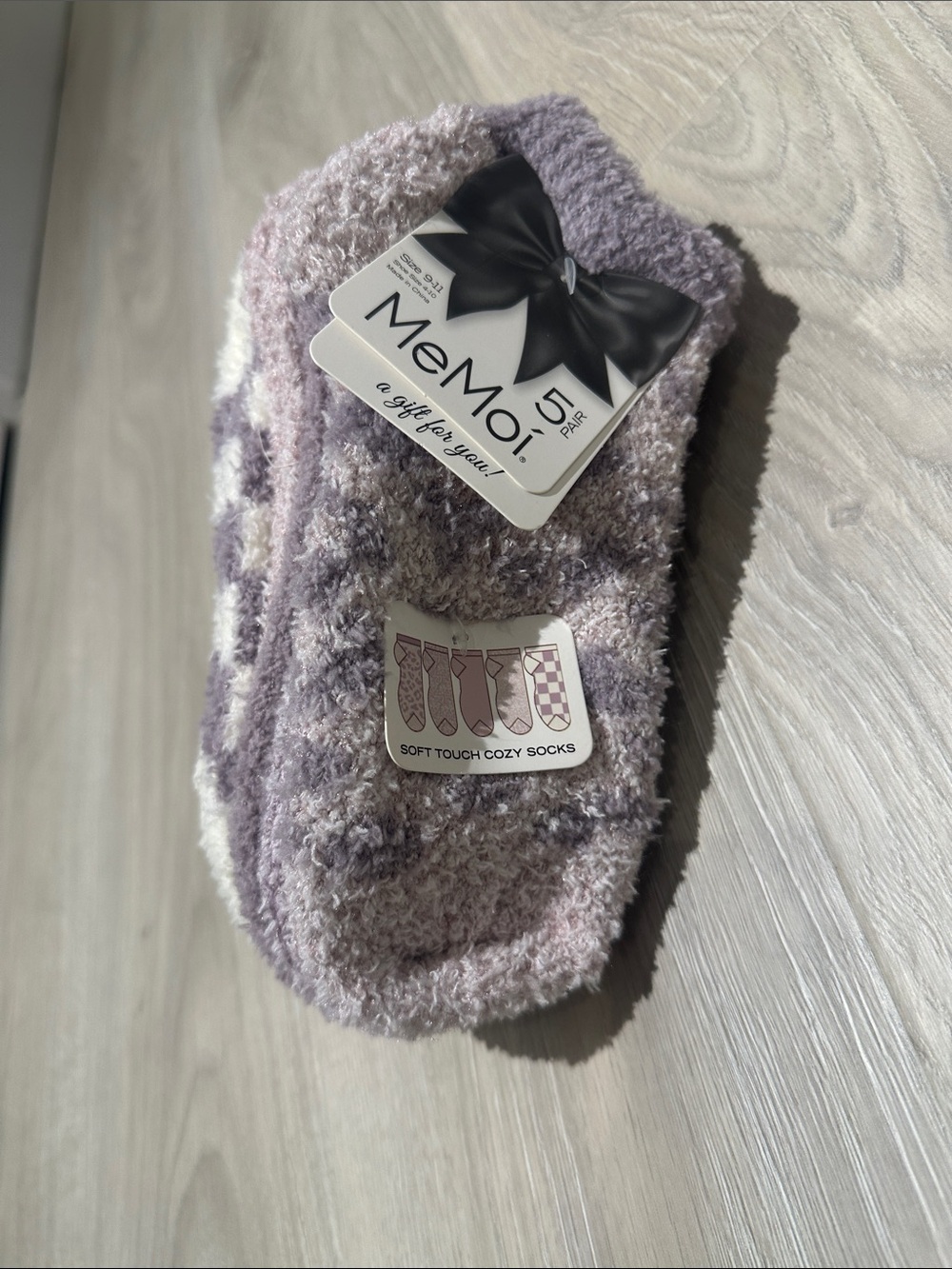 NWT MeMoi 5-pack fuzzy ankle socks, mauve purple pink print